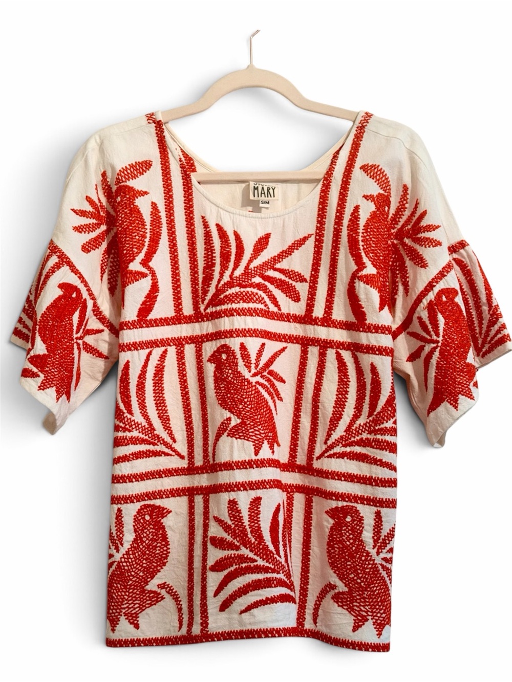 Sister Mary Oversized Red Tan 100% Cotton Embroidered Bird Top | Size S/M